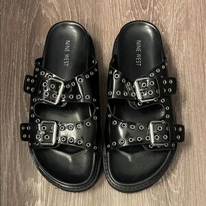 Nine West Black Slide Sandals with Silver Buckles